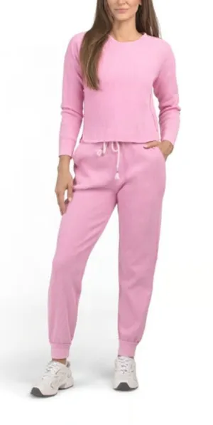 Sundry Anthropologie Pink Waffle Knit Top Pants Lounge Set Women's Large 3018 thumbnail 1