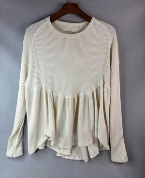 Free People M Boho Thermal Waffle Knit Peplum Pullover Top thumbnail 1