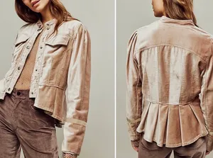 Free People Ballet Racer Jacket Cropped Velvet Ruffled Champagne Rose Size: XL thumbnail 3