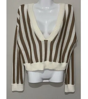 Honey Belle Sweater Womens Med Crop Top Tight Knit Brown & Ivory thumbnail 3