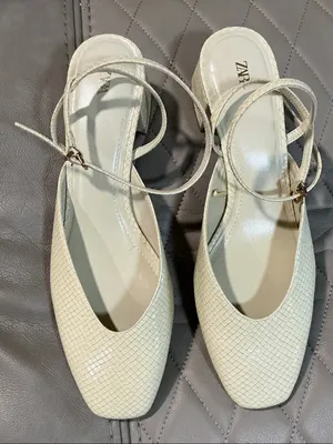 Zara Cream Textured Square-Toe Ankle Strap Mules thumbnail 1