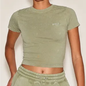 NEW!! PrettyLittleThing Washed Olive Green Embroidered Logo Fitted‎ Cropped Tee thumbnail 8