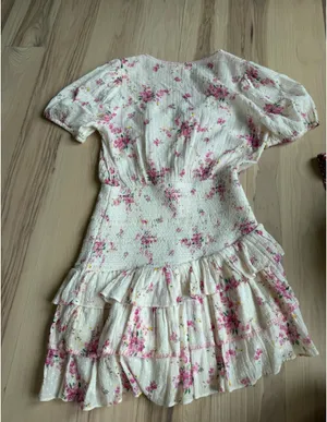 LoveShackFancy Cream Mini Dress with Pink Floral Print thumbnail 3