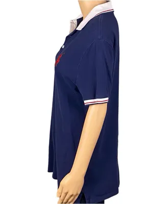 POLO Ralph Lauren navy blue Polo shirt w/large red Polo logo & white trim Medium thumbnail 4