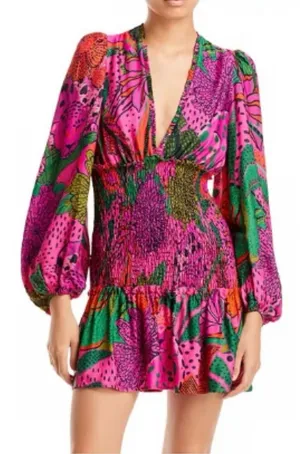 Farm Rio Boho Cool Leopards Mini Dress V-Neck Smocked Mini Dress Size Large thumbnail 1