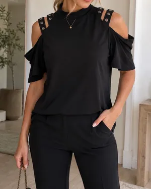 Women’s Black Cold Shoulder Blouse Ruffle Sleeve Casual Top thumbnail 1