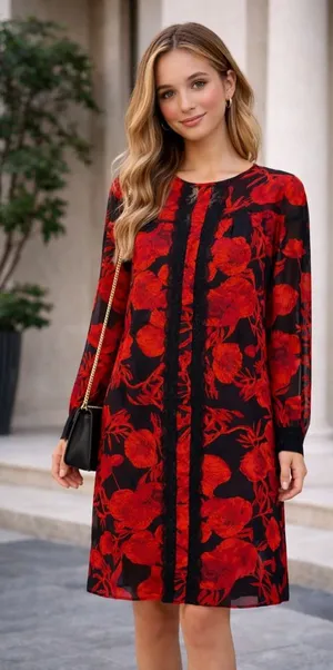Eva Mendes Red & Black Floral Shift Dress | Size M | Elegant Lace Detail thumbnail 1