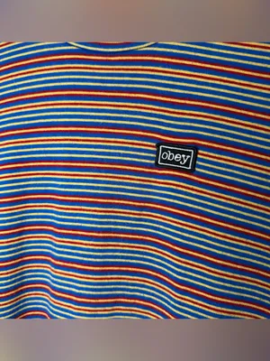 Obey Worldwide Striped Midi Shirt Dress Blue Red Yellow Logo Tee Dress Sz Small thumbnail 9