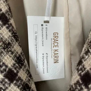 NWT Grace Karin Tweed Pea Coat Plaid Women Size XL Raw Edges Belted Cream Brown‎ thumbnail 9
