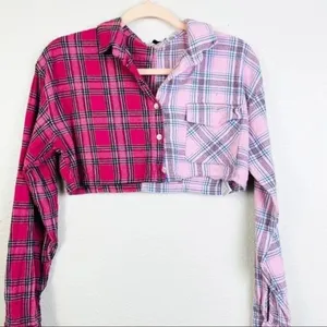 ADIKA‎ Plaid Mismatch Cropped Long Sleeve Shirt Small thumbnail 4