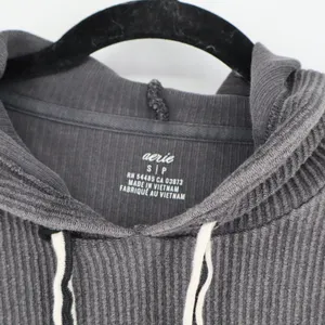 Aerie Women's Ribbed Cropped Hoodie Charcoal Gray Size Small Oversized Casual thumbnail 4