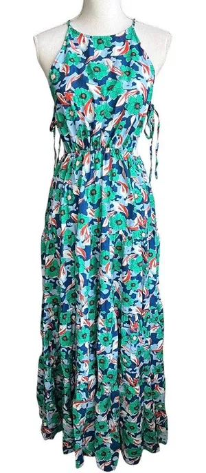 Aakaa green floral maxi dress halter side cutouts summer tiered feminine medium thumbnail 1