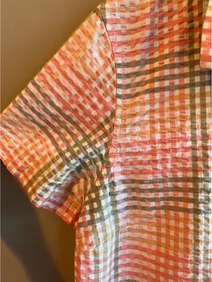 L.L.Bean Vacationland Seersucker Short Sleeve Popover Plaid Shirt Pink Green thumbnail 4