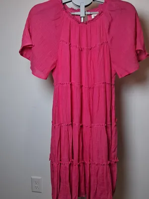 &merci Hot Pink Tiered Midi Dress w/ Short Sleeves Pockets Lined Women's Size L thumbnail 1