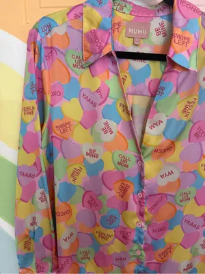 Show Me Your Mumu Colorful Conversation Hearts Silky Pajama Set Sz S 💛🍄 thumbnail 5