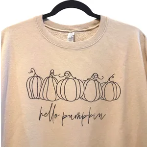 Womens "Hello Pumpkin" Crewneck Sweatshirt Long Sleeve Beige Graphic Fall Size L thumbnail 1