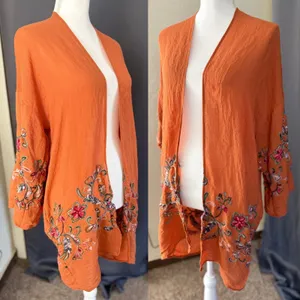 Boho Embroidered Kimono Cardigan Duster Rust Floral Open Front Festival One Size thumbnail 11
