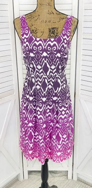 Ann Taylor Ombre Ikat Tribal‎ Print Fit Flare Dress Pink Purple 0 Sleeveless thumbnail 1