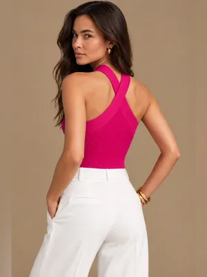 Babaton Aritzia Fuchsia Ribbed Crisscross Cropped Knit Fitted Halter Top Size XS thumbnail 3