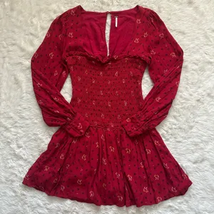 Free People Dress Two Faces Mini Ruched Bodice Long Sleeve Boho Ruby Red S thumbnail 3