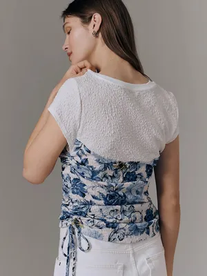 Anthropologie White Tee with Blue Floral Corset Detail thumbnail 4