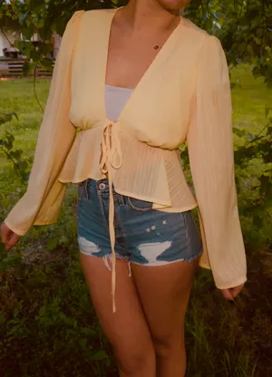 Yellow Ruffle Tie Front Peplum Blouse S V thumbnail 3