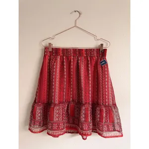 Loft Mini Skirt Womens M Red Boho Paisley Smocked Tiered Ruffle Metallic Shimmer thumbnail 2