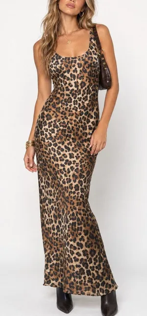Y2K ASOS Womens Leopard Print Maxi Dress Size 6 Brown Glam Party Night Out thumbnail 1