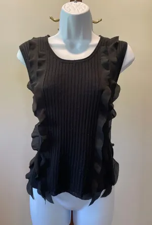 Lucky Brand Sleeveless Knit Top Size M Black Sheer Ruffle Detail thumbnail 1
