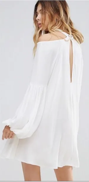 Free People white cold shoulder mini swing dress XS boho balloon sleeves bridal‎ thumbnail 1