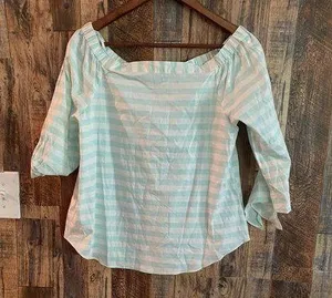 NWT Naked Zebra Off-Shoulder stripped Blouse | Gingham Lite blue Top size M thumbnail 1
