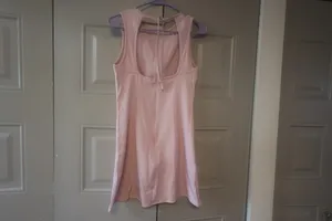 Shein sleeveless high neck low tie back mini short dress in light pink size small. thumbnail 5
