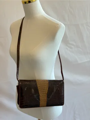 Classic Croc-Texture Crossbody Bag in Brown and Tan thumbnail 2
