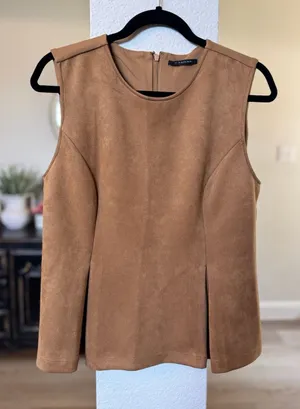T Tahari Faux Suede Peplum Sleeveless Top Brown thumbnail 1
