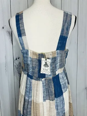 Easel Los Angeles Patchwork Midi Dress Womens Sz L Blue Tan Boho Textured NWT thumbnail 9