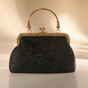 SHEIN Black Jacquard Evening Clutch with Gold Frame thumbnail 1