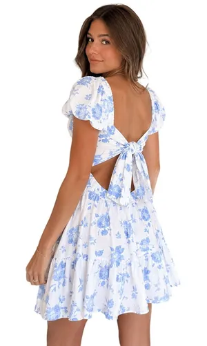 Hollister Women’s Small Blue White Floral Tie Back Mini Dress thumbnail 1
