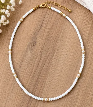 White Beaded Necklace with Pearl & Gold Tone Accents Adjustable Dainty Jewelry thumbnail 1