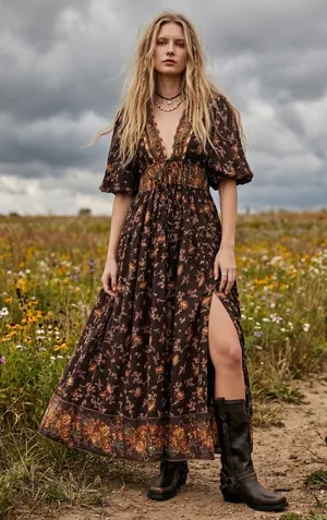Free People Lysette Maxi Dress Floral Brown Small Bohemian Gypsy Hippie Bells thumbnail 1