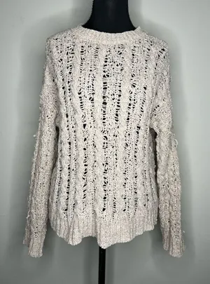 American Eagle Outfitters Open-Knit Cream Crewneck Sweater thumbnail 1