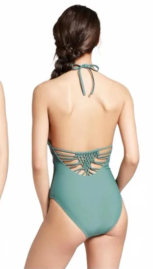 Xhilaration Pine Green Macrame Halter One Piece Swimsuit Size XS thumbnail 1