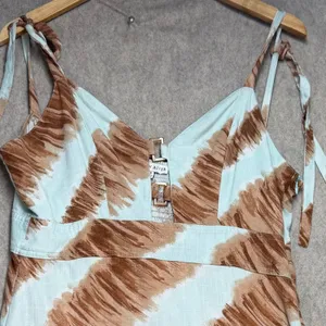 Moon‎ River Brown White Brushstroke Linen Blend Midi Dress Tie Strap Cutout Med thumbnail 2