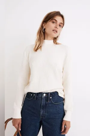 NWT Madewell Mockneck Waffle Sweatshirt Tee XS Ivory Sold Out! Light Stain thumbnail 1