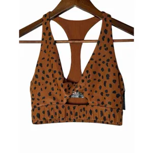 Beach Riot Twist Front Spotted Sports Bra Brown Black Ribbed Animal Print XS thumbnail 4