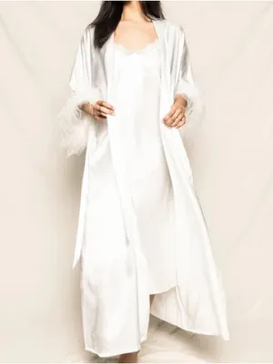 Night Satin Feather Trim Robe White Size 14 thumbnail 1