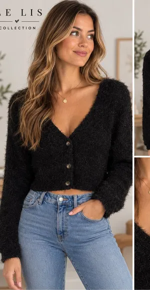 Le Lis Black Fuzzy Cropped Button Front Cardigan Sweater Size Small NWT thumbnail 1