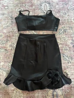 Lucy in the Sky Two-Piece Set Matte Black Faux Leather Skirt and Tie Back Top thumbnail 3