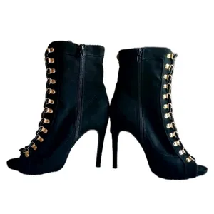 NWOB Wild Diva Black Vegan Suede Stiletto Boots with Gold Accents Size 8 thumbnail 4