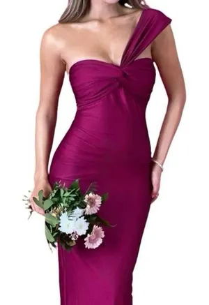 Windsor Burgundy One Shoulder Satin Formal Maxi Dress Size S thumbnail 1