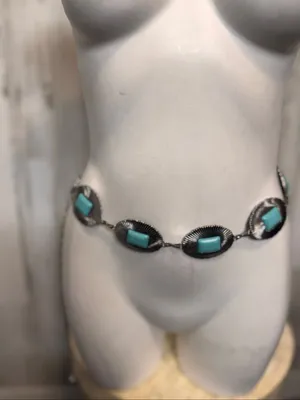 Western Southwestern Turquoise Concho Chain Belt Silver Metal Boho Festival Wome thumbnail 2